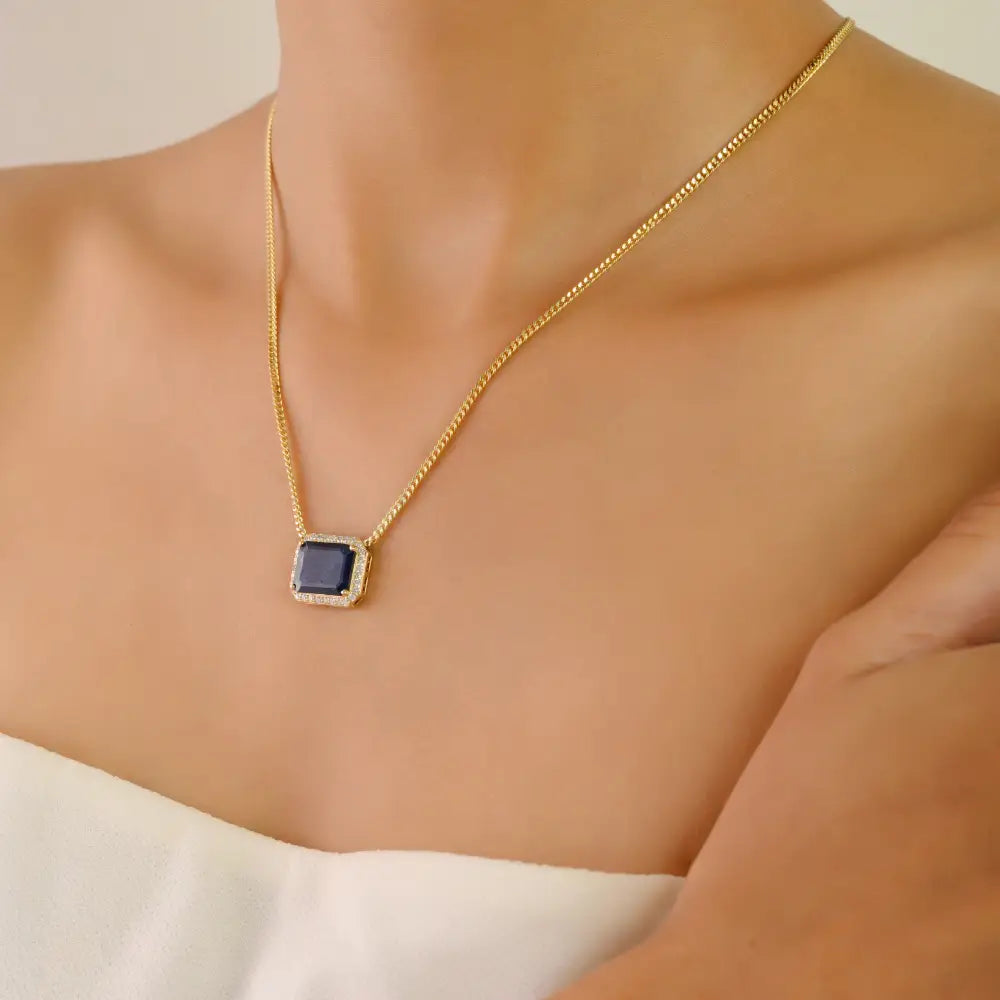 Prong Set Blue Sapphire & Diamond Single Stone Halo Pendant Necklace For Women 14K Gold