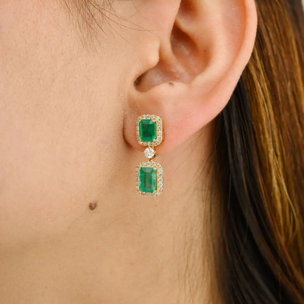 18K Yellow Gold Emerald & Diamond Dangle Earring Designer Jewelry