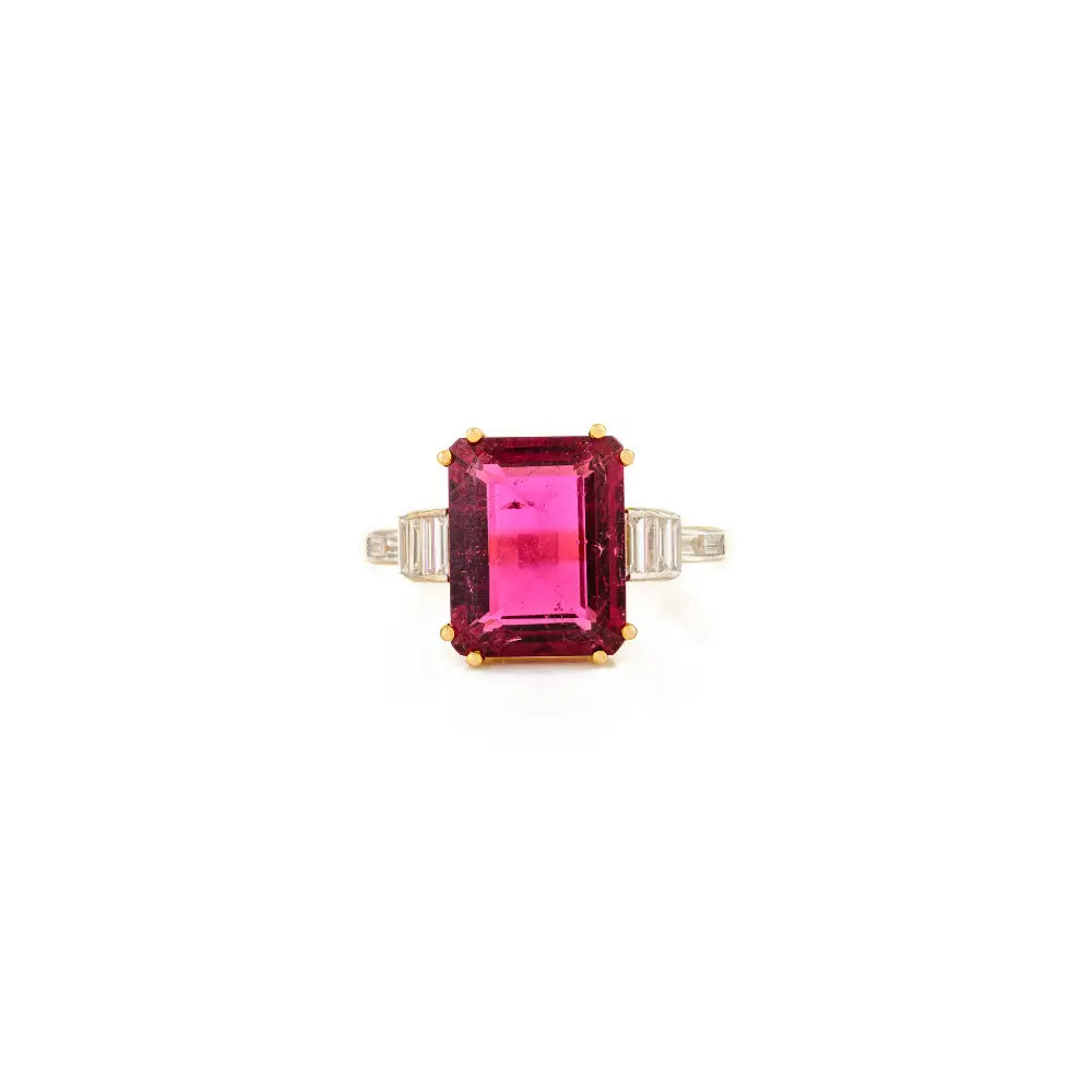 Pink Tourmaline & Diamond Double Prong Setting Wedding Ring Authentic 14K Yellow Gold