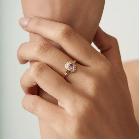 4x5 mm Pink Sapphire & Diamond K14 Yellow Gold Cluster Ring Stack Jewelry For Everyday Wear
