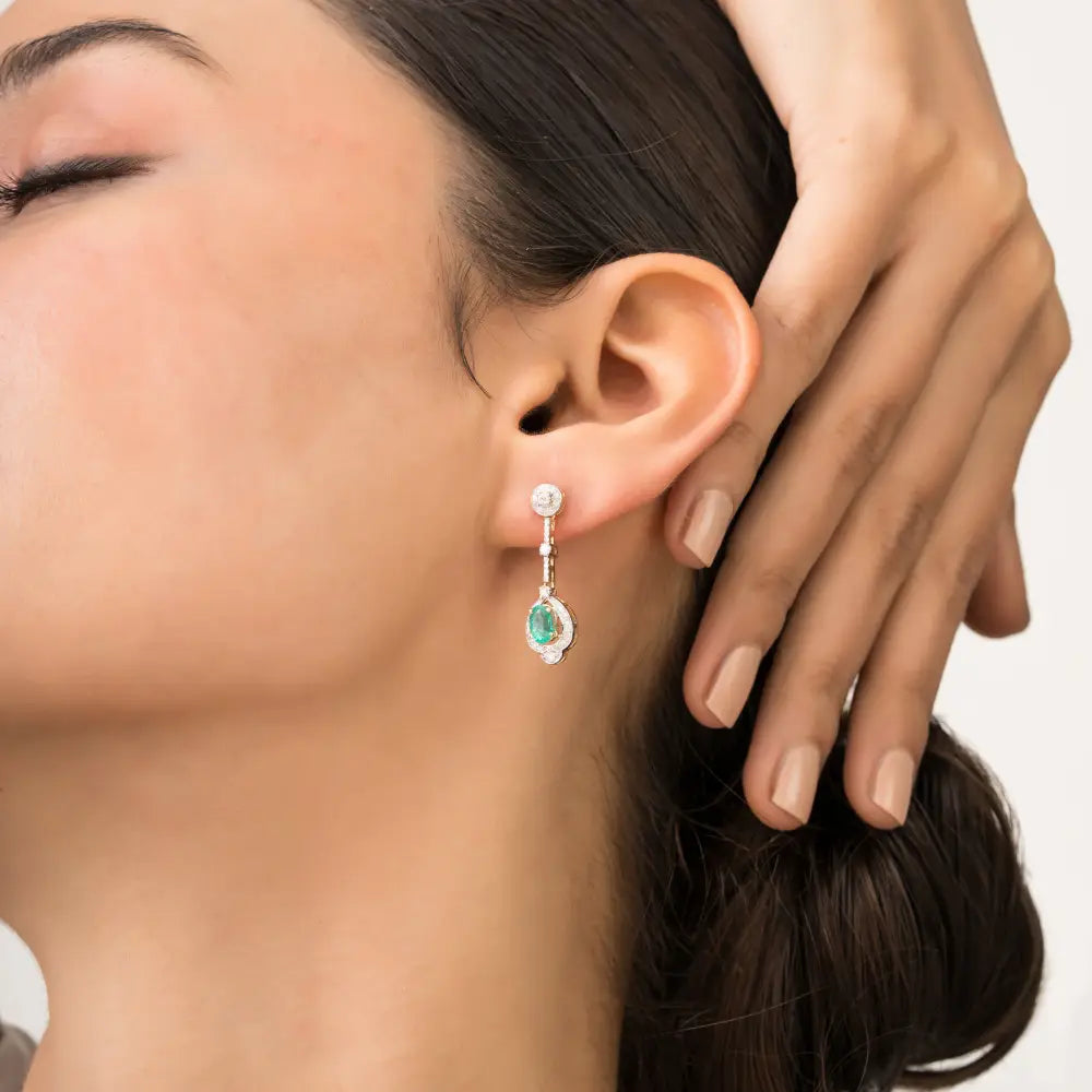 14K Solid Yellow Gold Emerald & Diamond Water Drop Shape Dangle Earrings For Women Jewelry