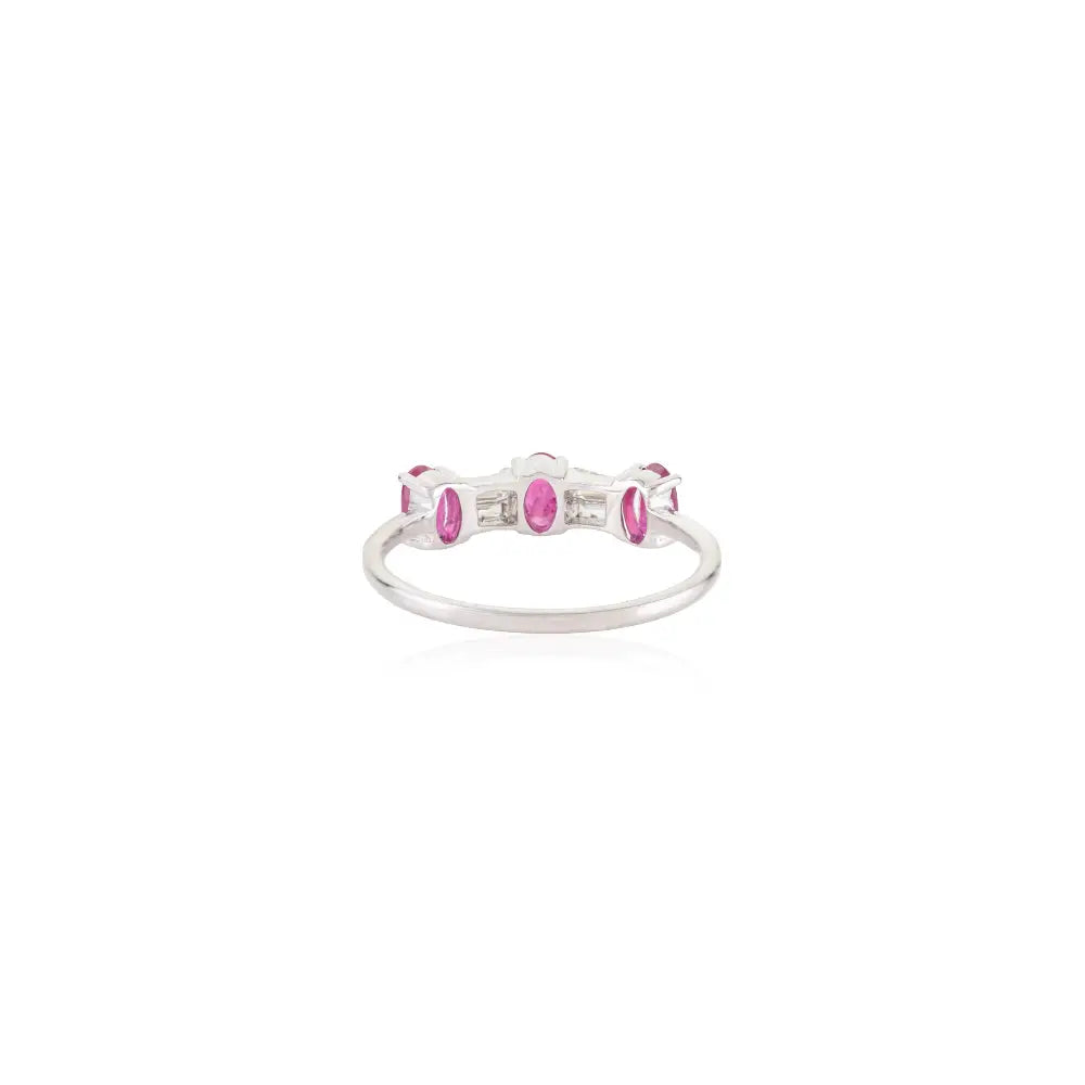 July Birthstone Ruby & Diamond Three Stone Ring Handcrafted 14K Real White Gold Jewelry