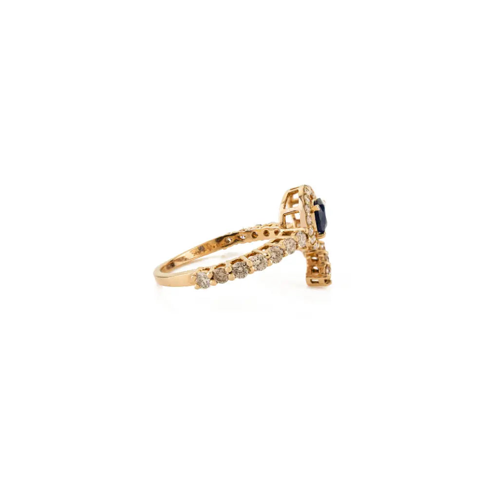 Pear Blue Sapphire & Round Diamond 14K Real Yellow Gold Open Statement Ring Luxury Jewelry