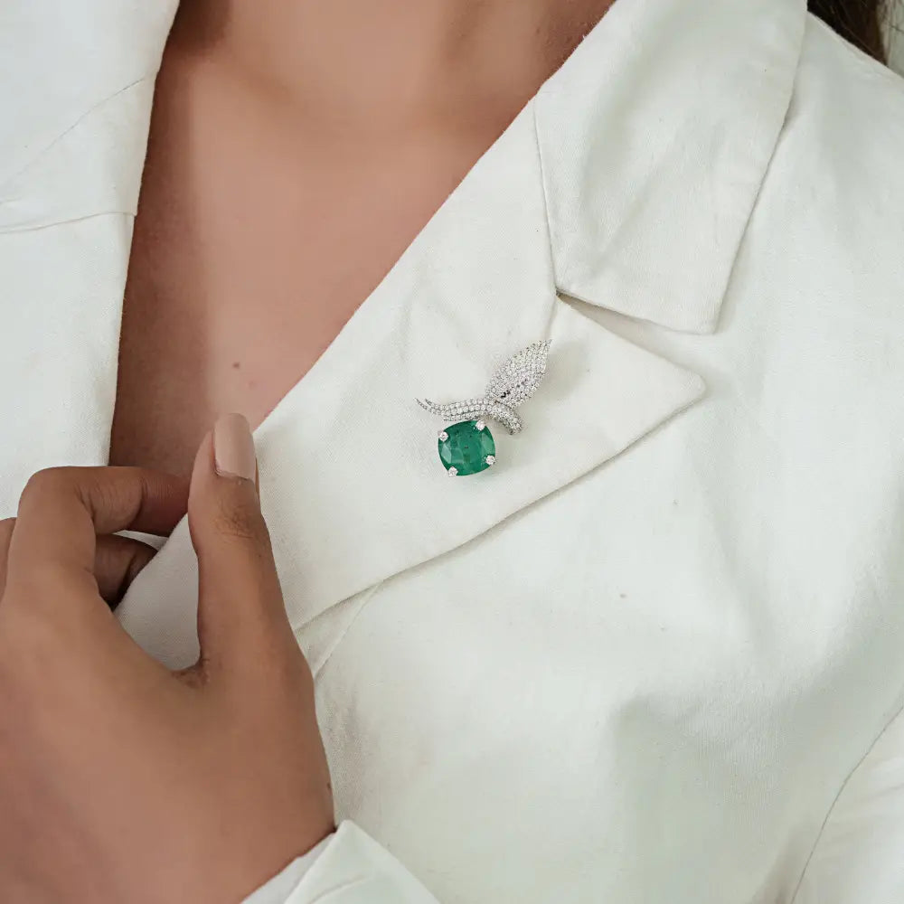 Nature Inspired Zambian Emerald & Diamond 14K White Gold Flying Bird Brooch For Wedding