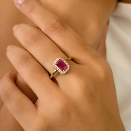 1.26 Ct. Ruby & Diamond Minimal Halo Cluster Ring 14K Solid Yellow Gold Gift For Women