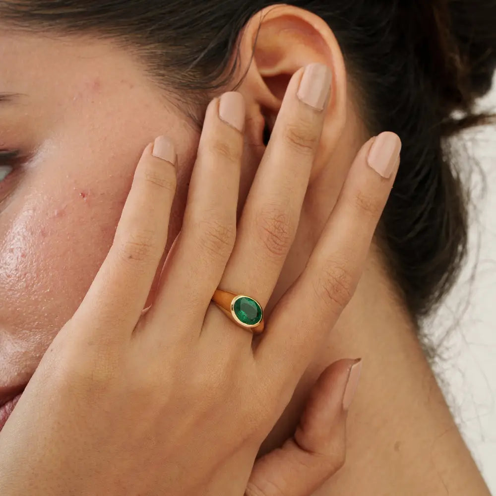 18K Real Yellow Gold Emerald Fine Chunky Dome Rings May Birthstone Wholesale Jewelry