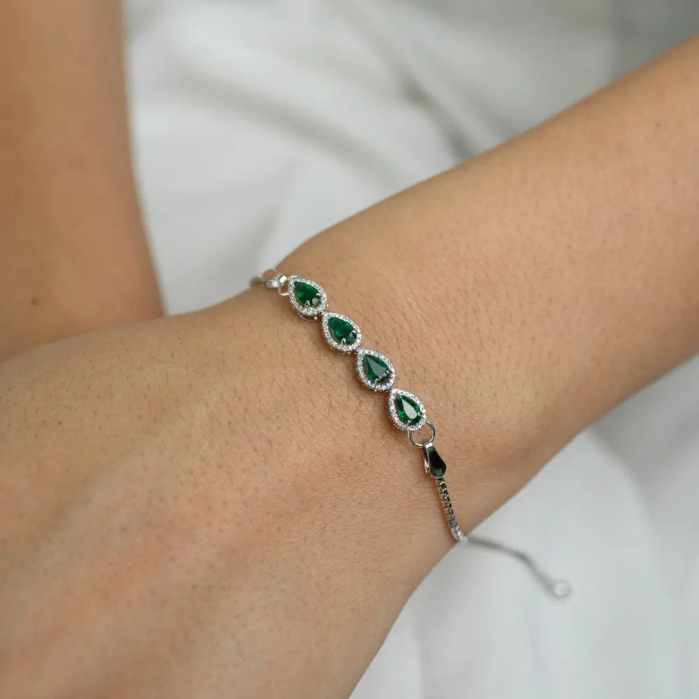 Fashionable Jewelry Natural Emerald & Diamond 18K Solid White Gold Adjustable Bracelet