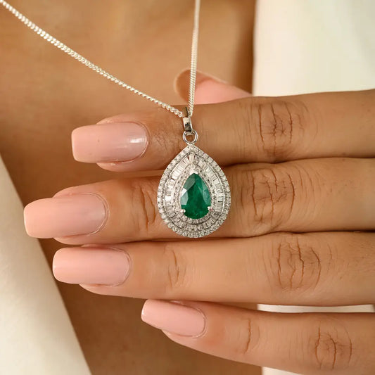 Luxurious Emerald & Diamond Statement 14K White Gold Bold Pendant Wedding Jewelry