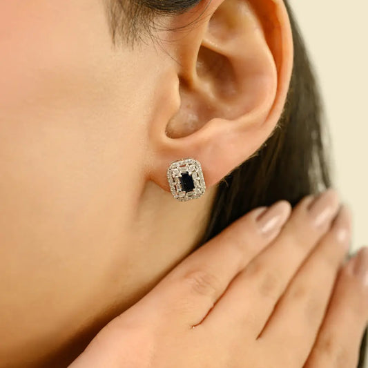 Blue Sapphire & Diamond Push Back Double Cluster Stud Earrings K14 Real White Gold Jewelry