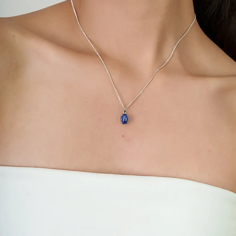 Cabochon Cut Blue Sapphire Single Stone Pendant Pure 14K White Gold September Birthstone
