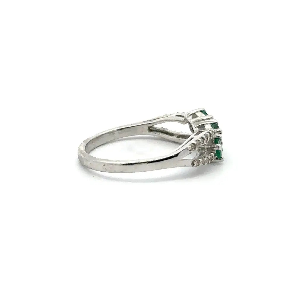 Genuine Emerald & American Diamond Solid 925 Silver Three Stone Ring For Everyday Jewelry