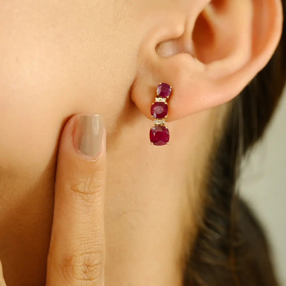Graduated Set Ruby & Diamond Small Drop Earrings Everyday Wear Girls 14K Yellow Gold Jewelry