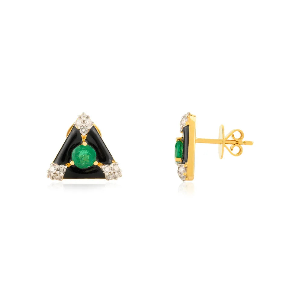 Emerald & Diamond Black Enamel Triangle Shape Stud Earrings Everyday Jewelry 14K Gold