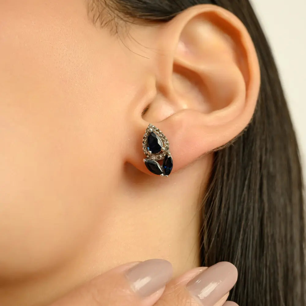 Pear and Marquise Cut Blue Sapphire Halo Stud Earrings 925 Sterling Silver Handmade Jewelry