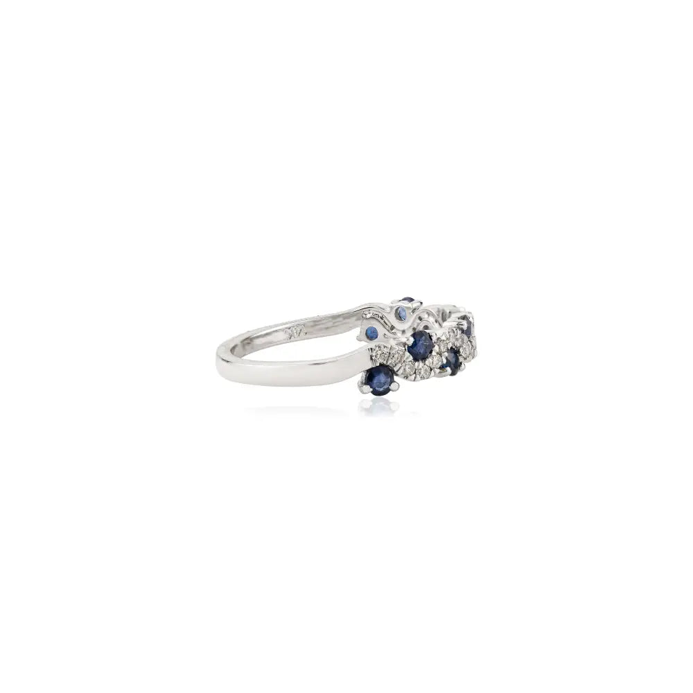 Round Cut Blue Sapphire & Diamond Wavy Shape Half Eternity Band Ring 14K Gold Jewelry