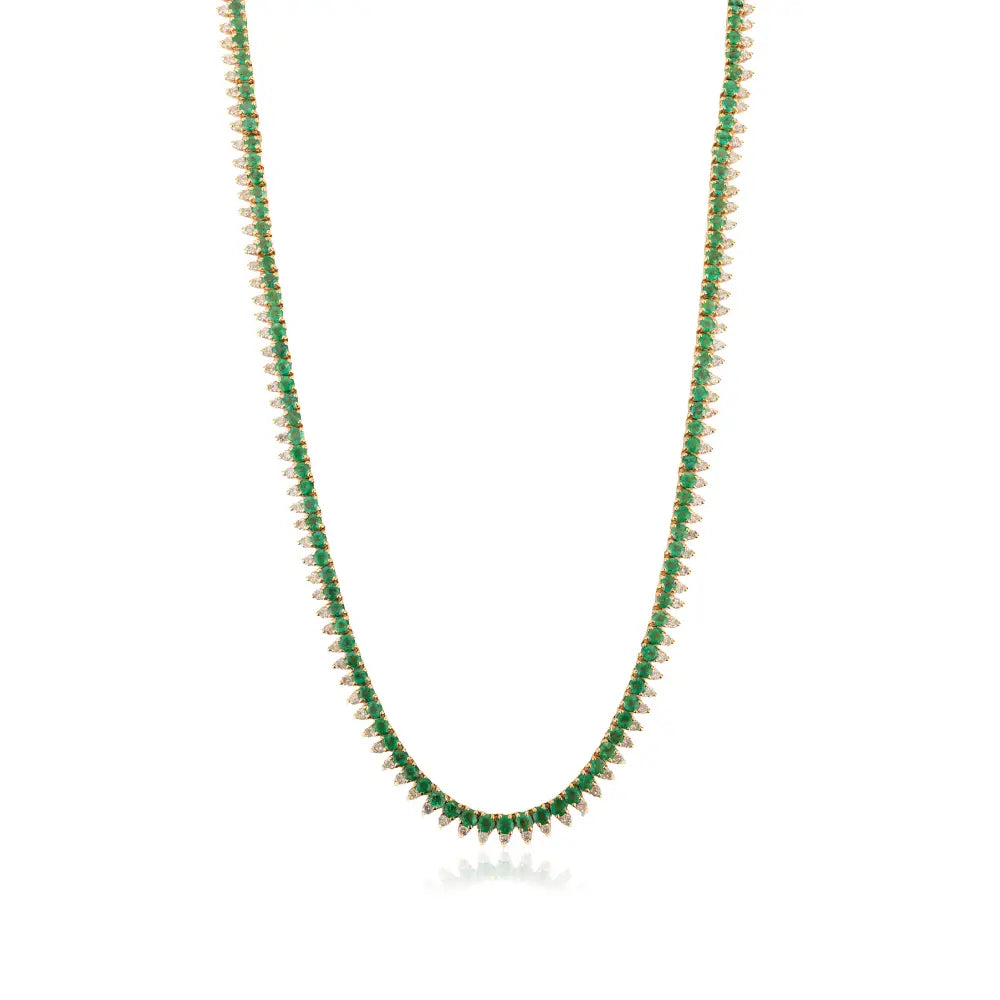 Emerald & Diamond Box Lock Tennis Necklace Unique Design 18K Yellow Gold Women Jewelry