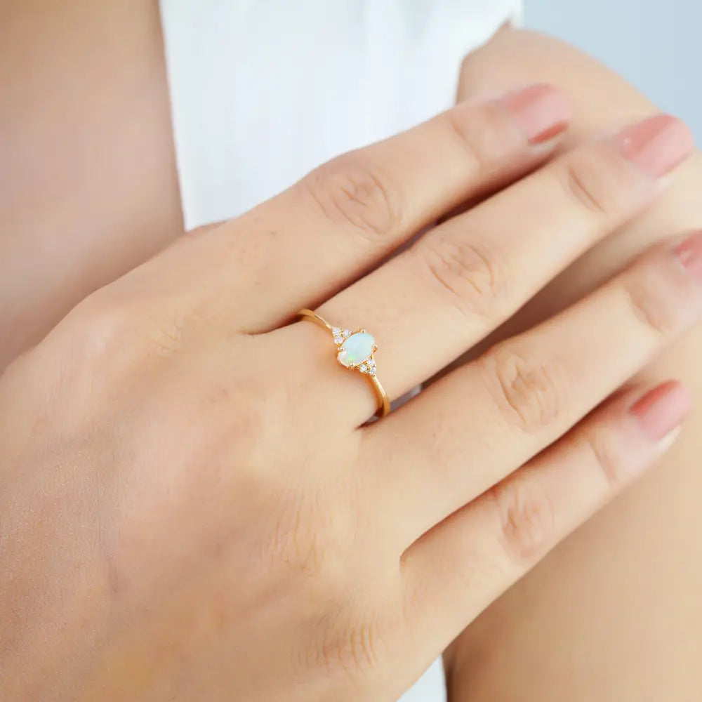 Dainty Stacking Design 14K Yellow Gold Opal & Diamond Minimalist Ring For Daily Wear Jewelry