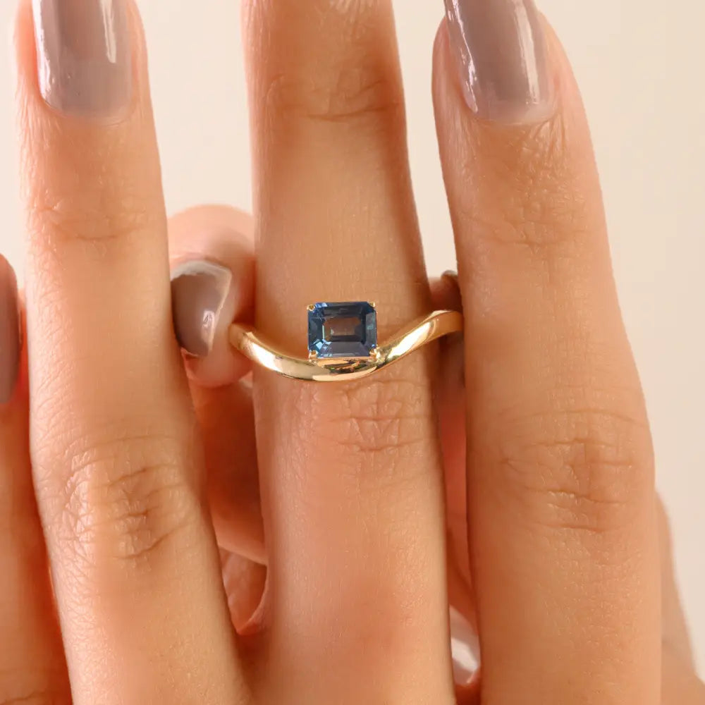 Dainty Simple Design Blue Sapphire Prong Set Wavy Band Ring 14K Real Yellow Gold Jewelry