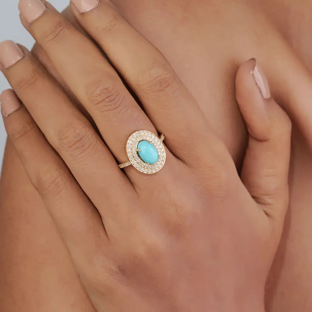 December Birthstone Turquoise & Diamond Double Cluster Ring For Wedding 14K Yellow Gold