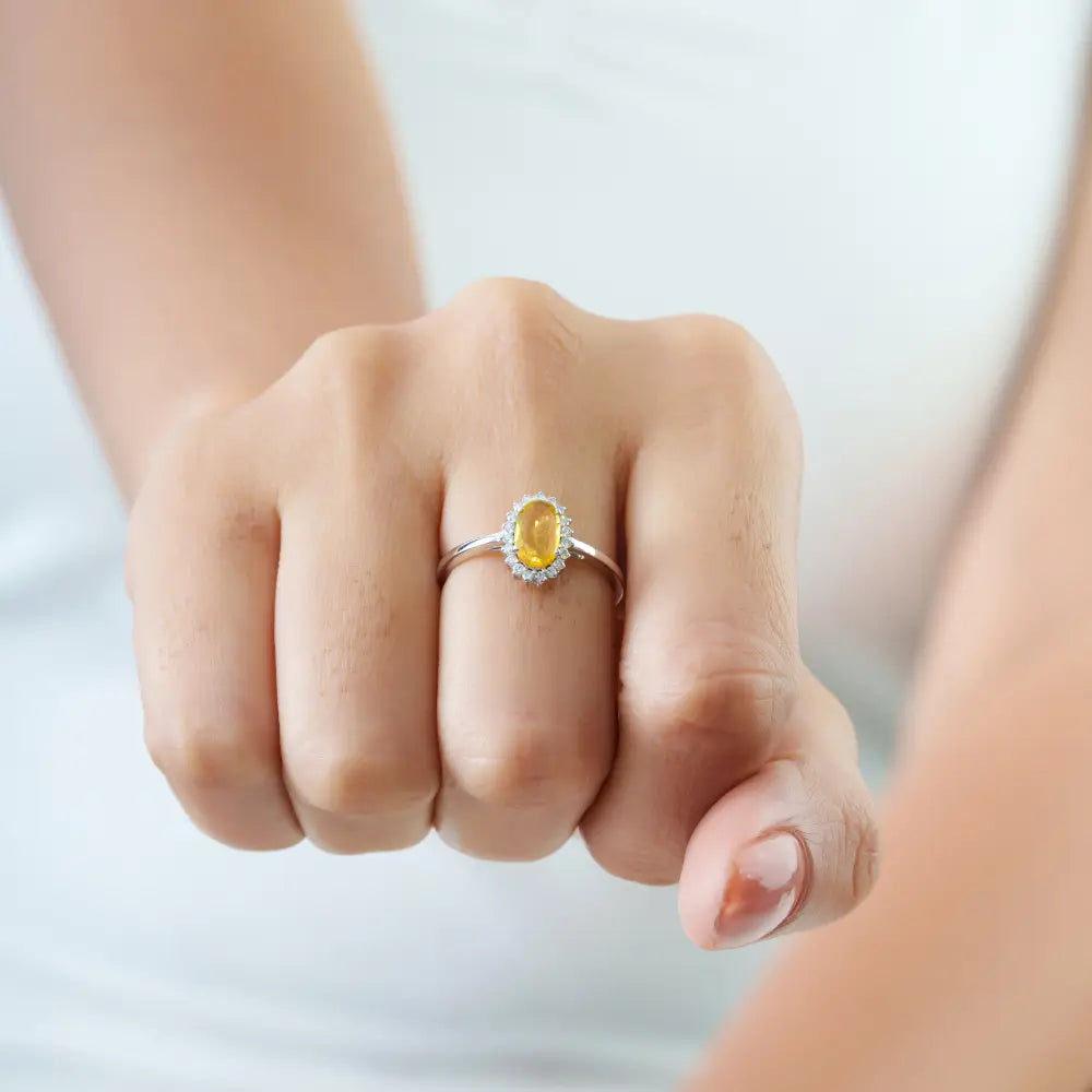 8x5mm Oval Cut Yellow Sapphire & Diamond Cluster Ring Handmade 14K White Gold Jewelry