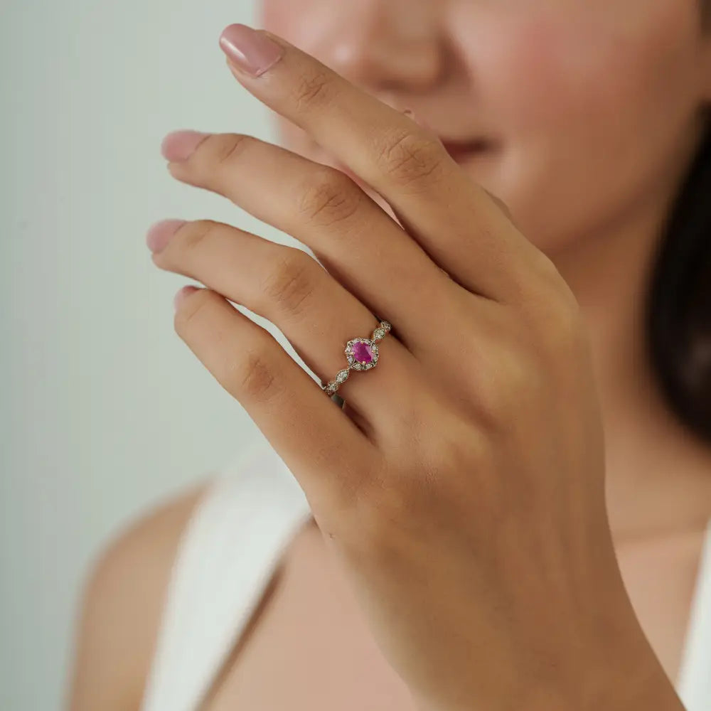 Elegant Simple Design Ruby & Diamond Fine 14K Yellow Gold Minimal Gemstone Ring For Women