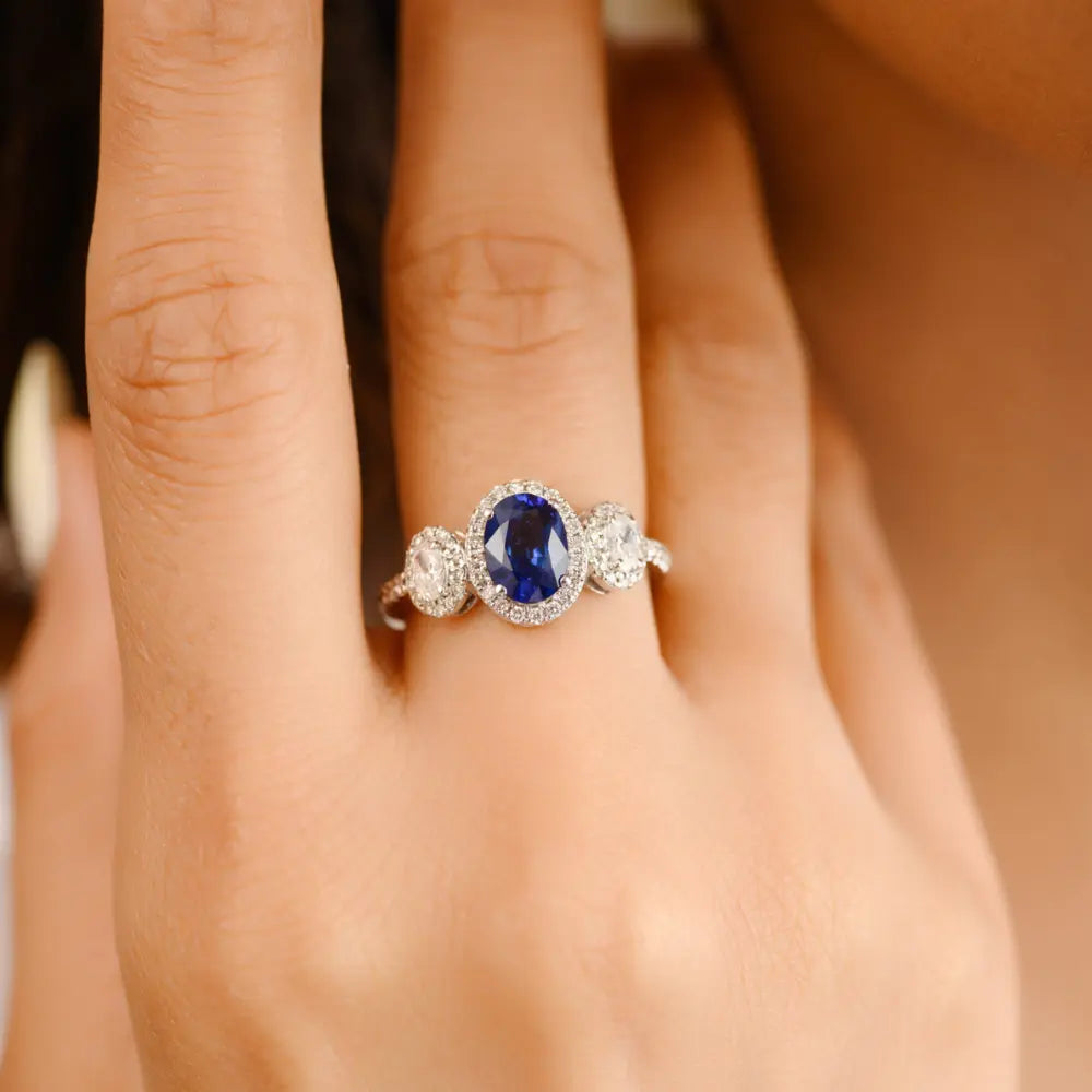 Handmade Luxury Jewelry Natural Blue Sapphire & Diamond 18K Solid White Gold Three Stone Ring