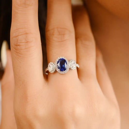 Handmade Luxury Jewelry Natural Blue Sapphire & Diamond 18K Solid White Gold Three Stone Ring