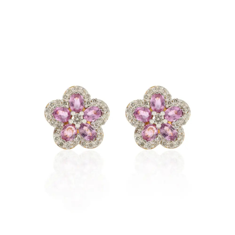 Precious Gemstone Jewelry Natural Pink Sapphire & Diamond 18K Yellow Gold Earrings