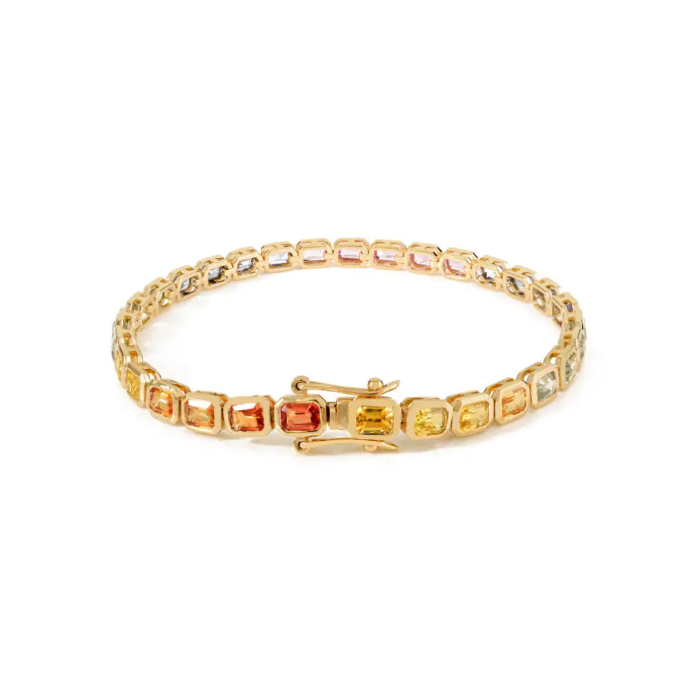 Colorful Gemstone Multi Sapphire 14K Solid Yellow Gold Tennis Bracelet Stack Jewelry