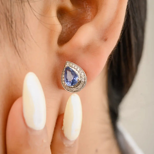 Fine Jewelry 14K White Gold Precious Natural Blue Sapphire & Diamond Tear Drop Earring