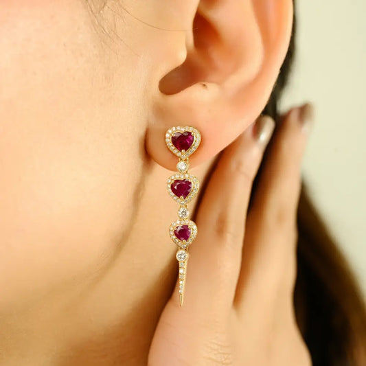 Top Quality Ruby & Diamond Trio Heart Long Dangle Earrings 18K Real Yellow Gold Jewelry