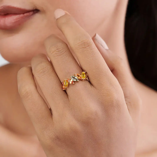 14K Yellow Gold 5x3mm Marquise Cut Rainbow Multi Sapphire Half Eternity Band Ring For Unisex