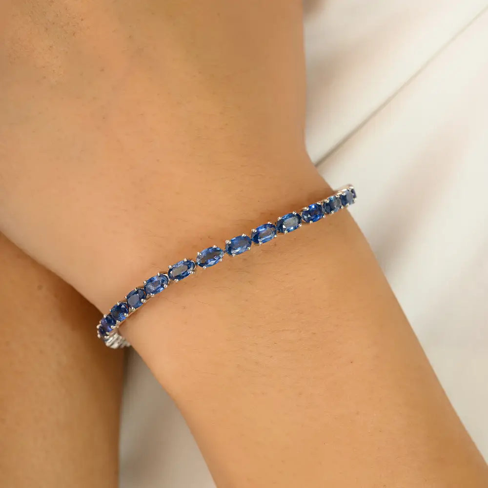 5X3 MM Oval Shape Blue Sapphire Unisex Tennis Bracelet 14K Solid Gold Handmade Fine Jewelry