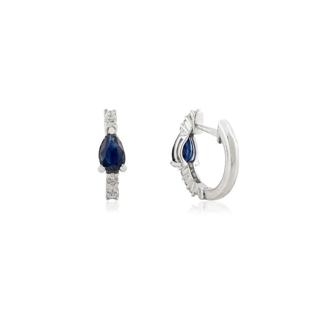 Simple 5x3 mm Pear Blue Sapphire & Diamond Small Hoop Earrings For Women 18K White Gold