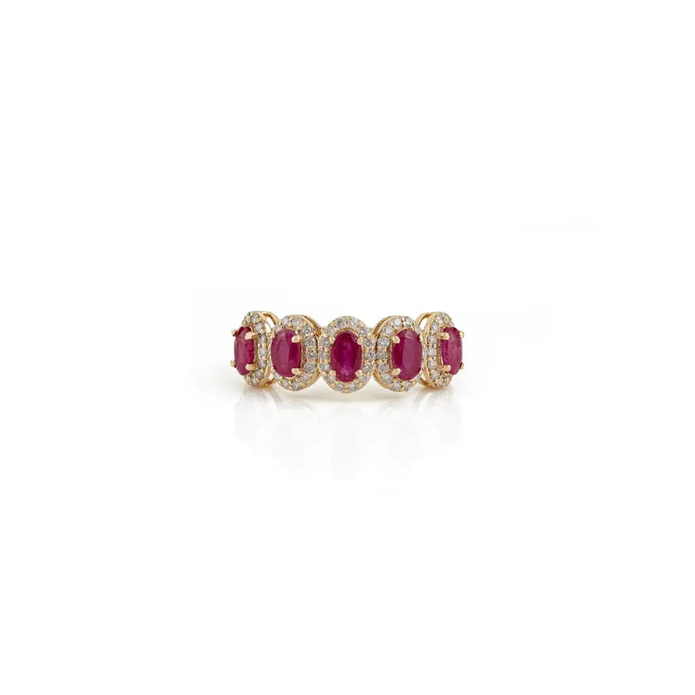 Hot Sale Ruby & Diamond Halo Five Stone Ring Handmade Trading 14K Solid Yellow Gold Jewelry