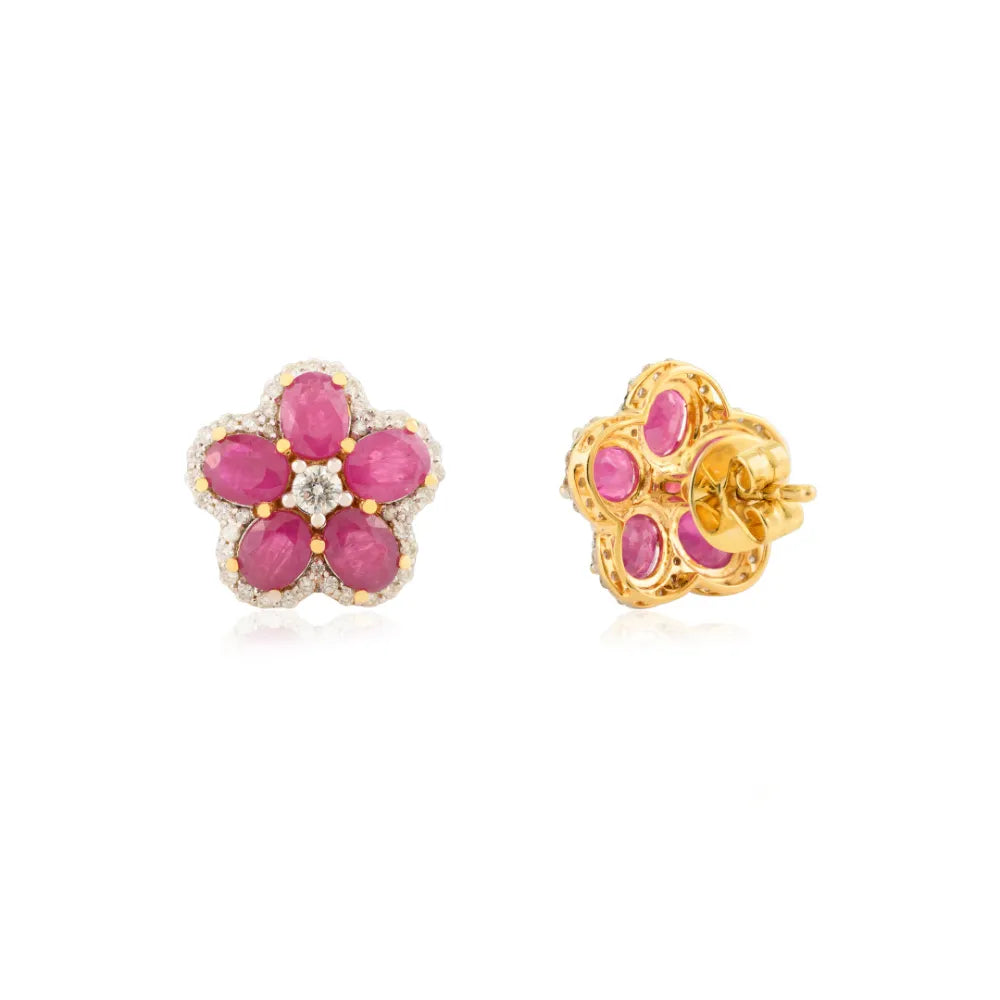 K14 Real Yellow Gold Ruby & Diamond Flower Shape Stud Earrings For Women Unique Design