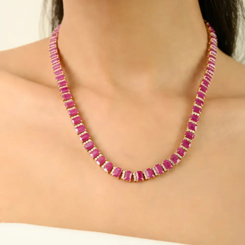 Bridal Jewelry Gemstone Ruby & Diamond Statement Tennis Necklace 14K Solid Yellow Gold