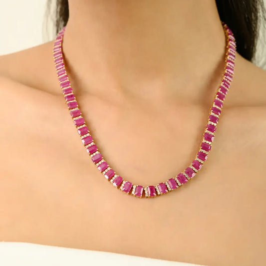 Bridal Jewelry Gemstone Ruby & Diamond Statement Tennis Necklace 14K Solid Yellow Gold