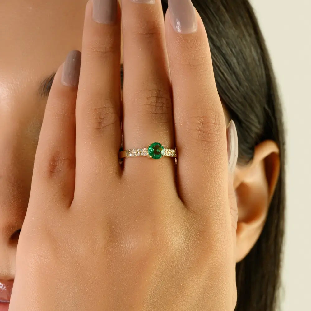 Round Brilliant Cut Emerald & Diamond 14K Yellow Gold Double Layer Band Ring Stackable Jewelry