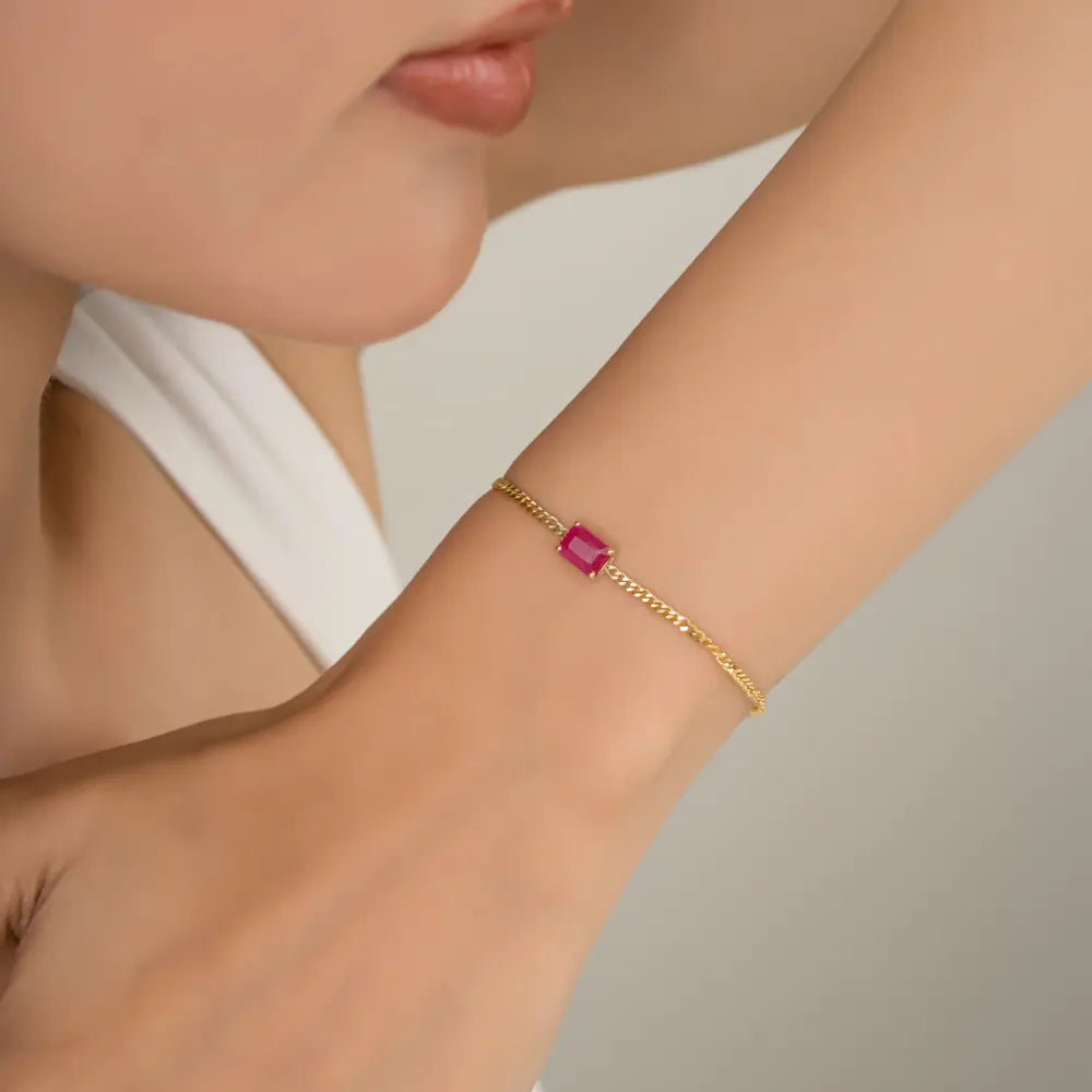 100% Genuine Octagon Cut Ruby Single Stone Cuban Link Chain Bracelet Solid 14K Yellow Gold