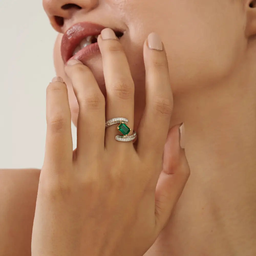 18K Solid Two Tone Gold Zambian Emerald & Diamond Statement Ring Handmade Jewelry