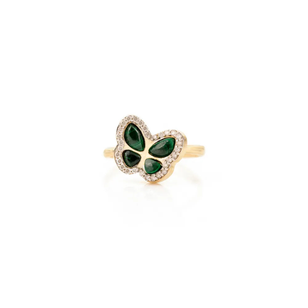 Malachite & Diamond Unique Designer Butterfly Ring For Party Wear Solid K14 Yellow Ring