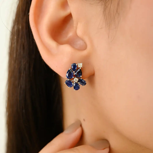 Prong Set Blue Sapphire & Diamond Real 14K White Gold Unique Design Statement Stud Earrings