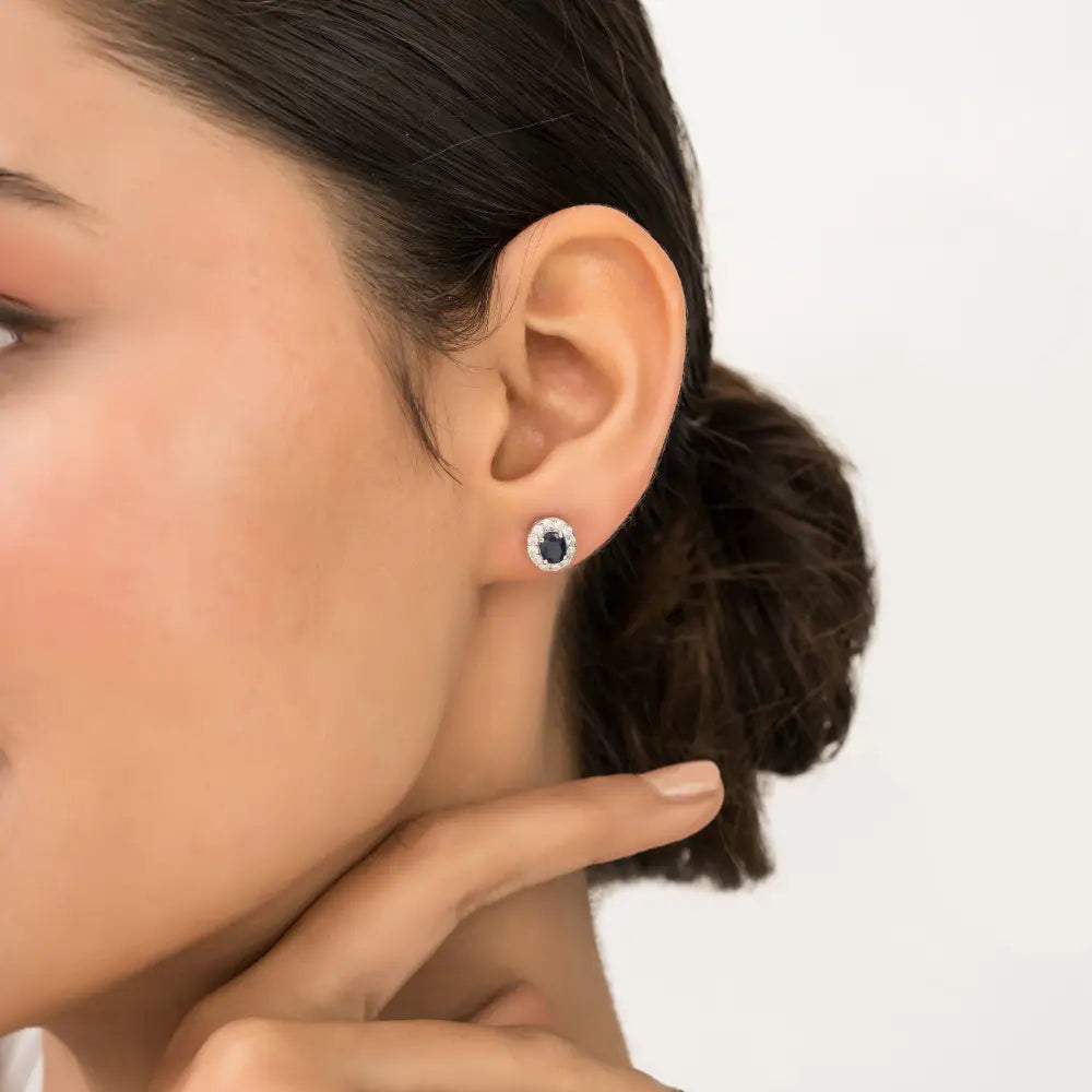 Oval Shape Blue Sapphire & Round Cut Diamond K14 White Gold Halo Stud Earrings For Women's