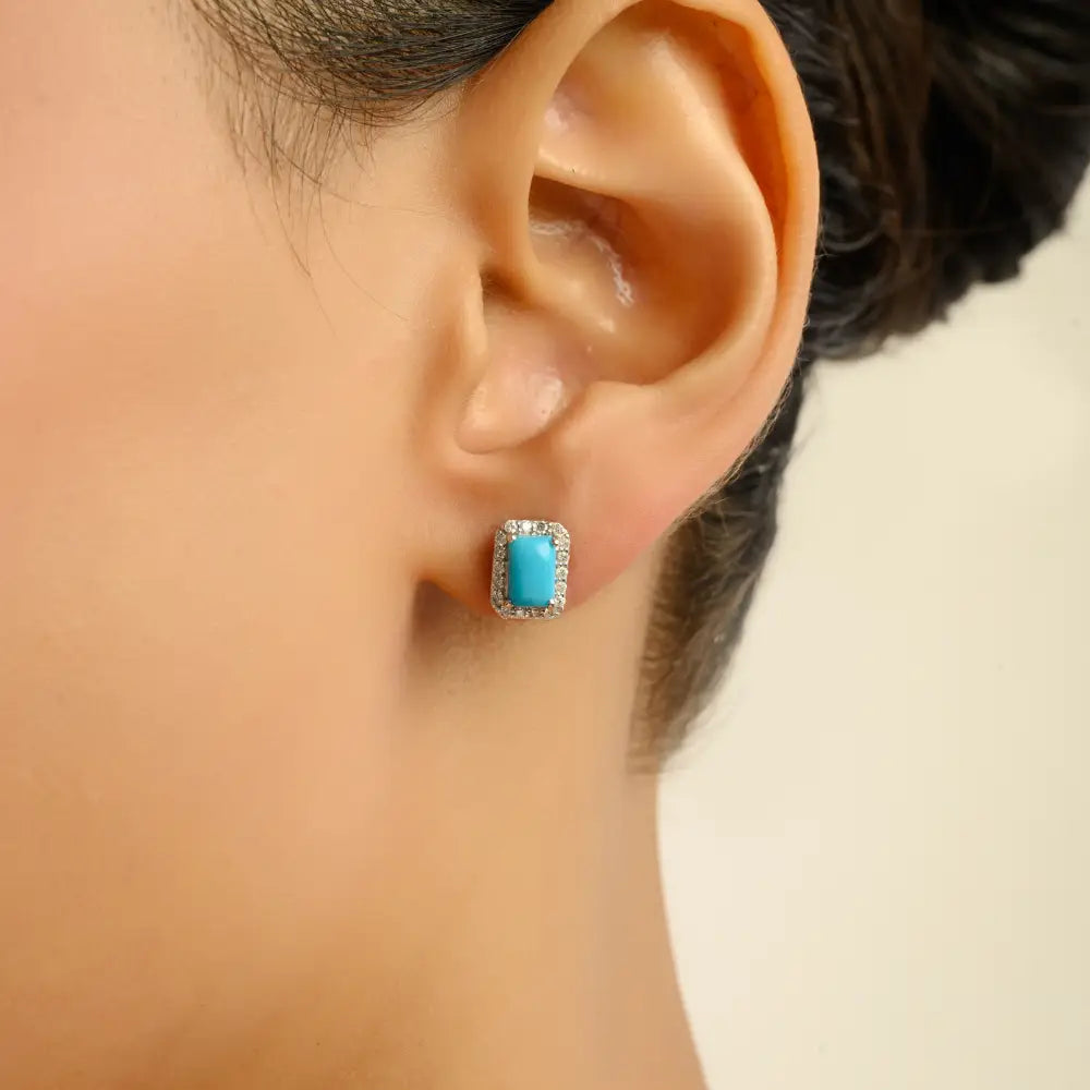 Cabochon Cut Turquoise & Diamond Minimal Halo Stud Earrings 18K Real Yellow Gold