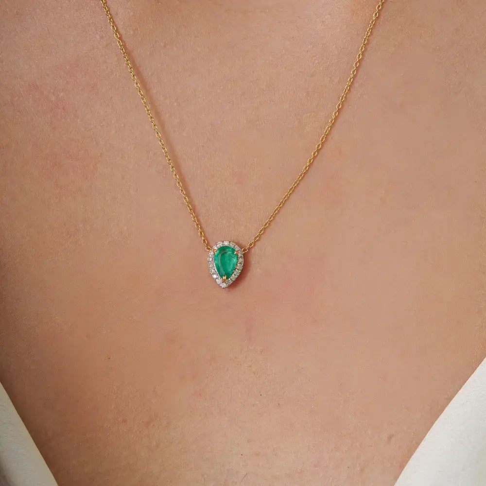 Pear Cut Emerald & Diamond Fine Minimalist Solitaire Halo Pendant Necklace 18K Yellow Gold