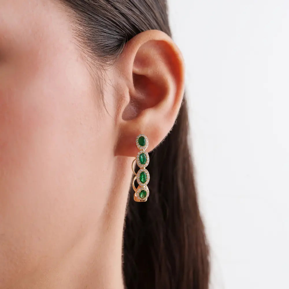 Latest New Arrivals 14K Yellow Gold Emerald & Diamond Statement Hoop Earrings For Wedding