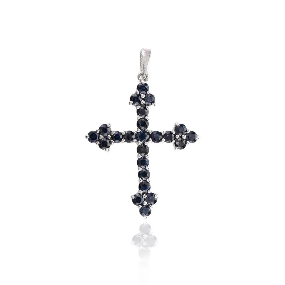 Trending Jewelry Natural Round Shape Blue Sapphire Cross Pendant Necklace For Christmas Gifts