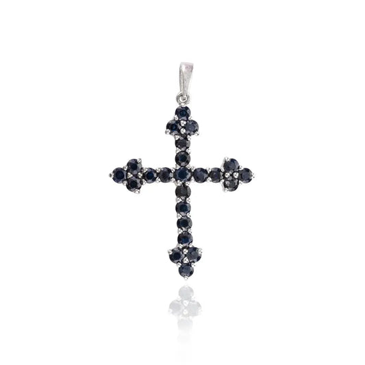 Trending Jewelry Natural Round Shape Blue Sapphire Cross Pendant Necklace For Christmas Gifts