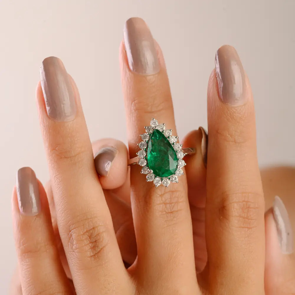 14x8 mm Pear Cut Emerald & Diamond 14K Solid White Gold Cluster Statement Ring Wedding